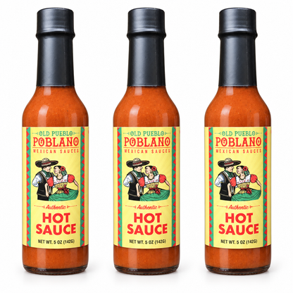Three bottles of Old Pueblo Poblano Authentic Mexican Hot Sauce