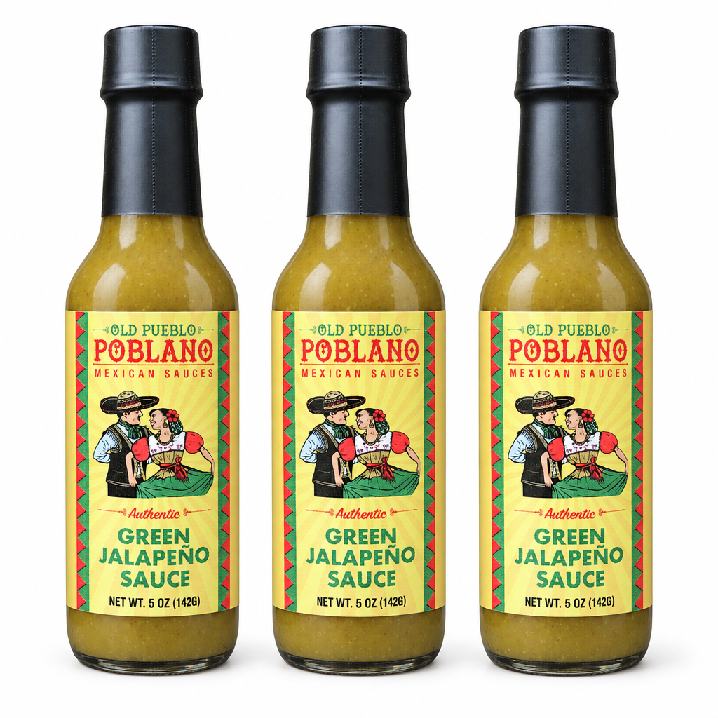 Three bottles of Old Pueblo Poblano Green Jalapeno