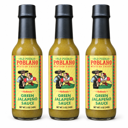 Three bottles of Old Pueblo Poblano Green Jalapeno