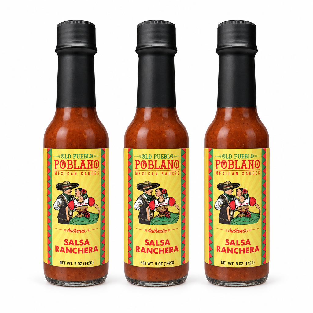 Three bottles of Old Pueblo Poblano Salsa Ranchera Habanero Hot Sauce
