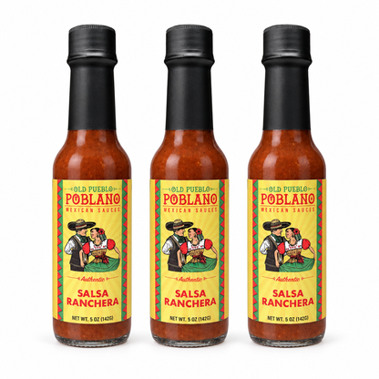 Three bottles of Old Pueblo Poblano Salsa Ranchera Habanero Hot Sauce