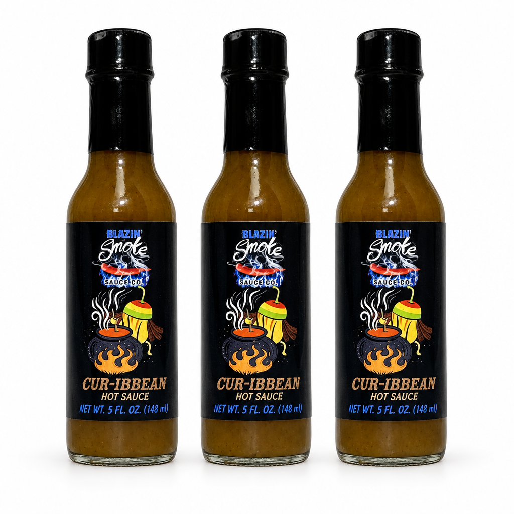 Three bottles of Rising Smoke Cur-ibbean Hot Sauce