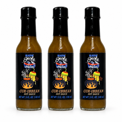 Three bottles of Rising Smoke Cur-ibbean Hot Sauce