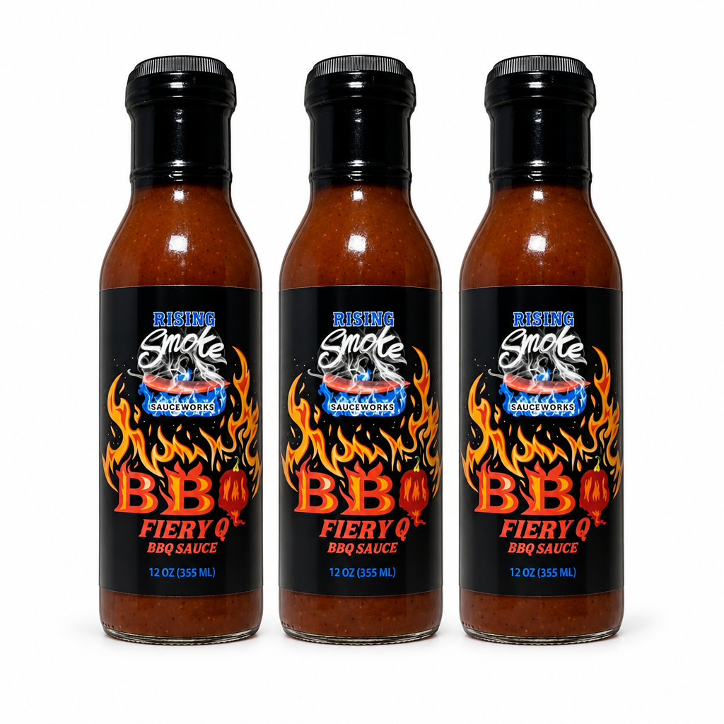 Three bottles of Rising Smoke Fiery Q BBQ Sauce
