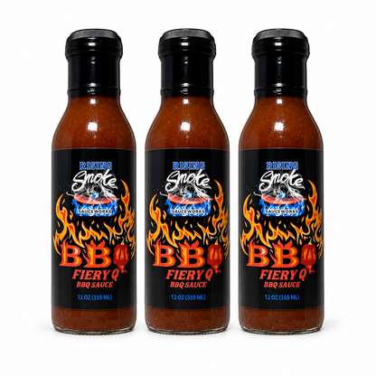 Three bottles of Rising Smoke Fiery Q BBQ Sauce