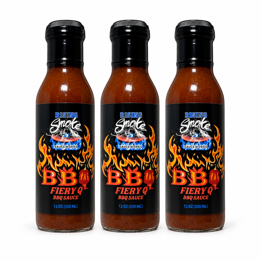 Three bottles of Rising Smoke Fiery Q BBQ Sauce