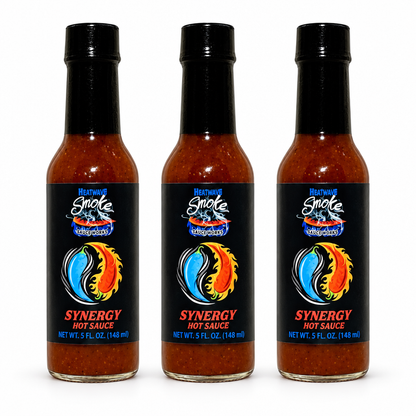 Three bottles of Rising Smoke Synergy Hot sauce