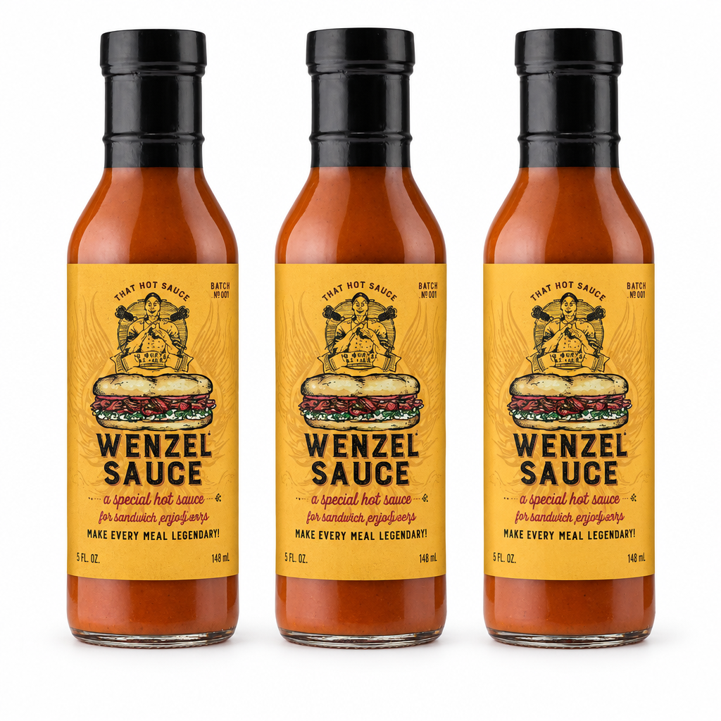 Three bottles of Wenzel Hot Sauce