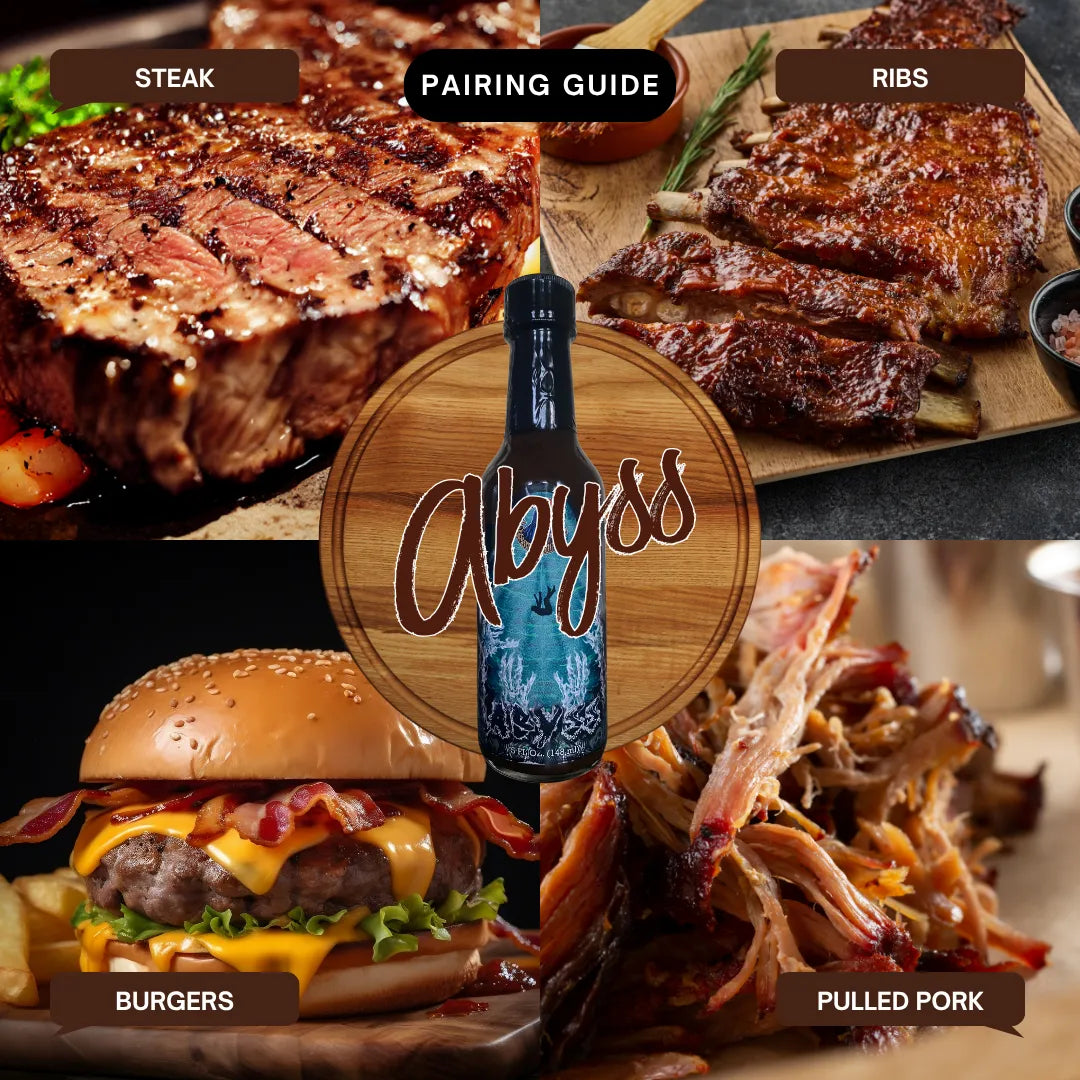 Collage of grilled meats with a bottle of Abyss BBQ Heat Hot Sauce in the center, labeled for pairing guide.