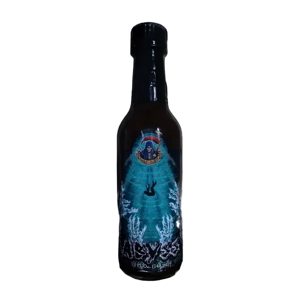 Bottle of Unhallowed BBQ Heat Hot Sauce with a blue label featuring a graphic design on a white background