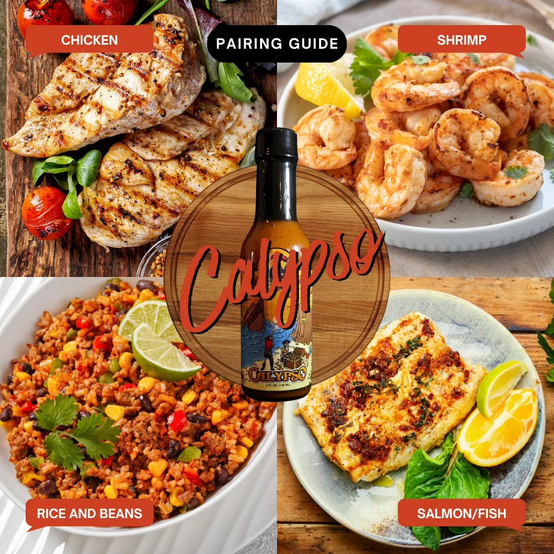 Calypso pairing guide with food images and a bottle of Calypso rum.