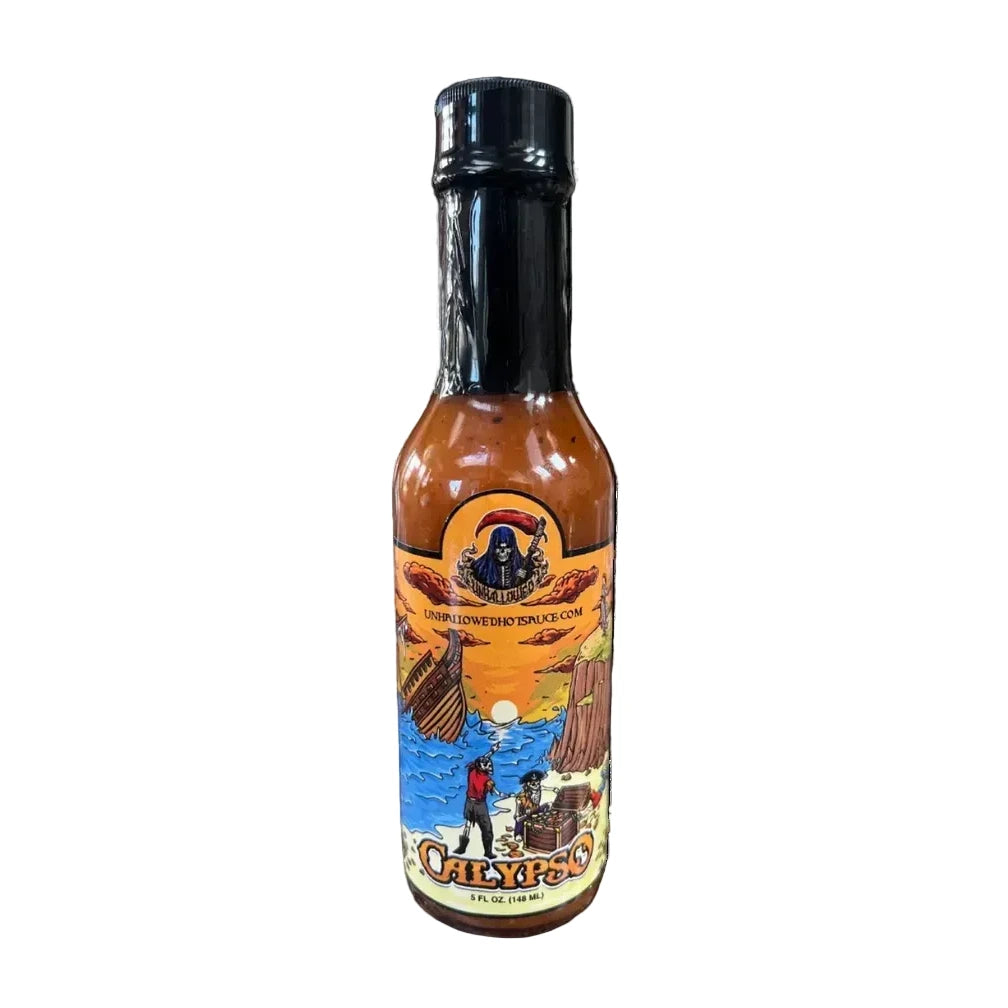 Hot sauce bottle with colorful label on a white background