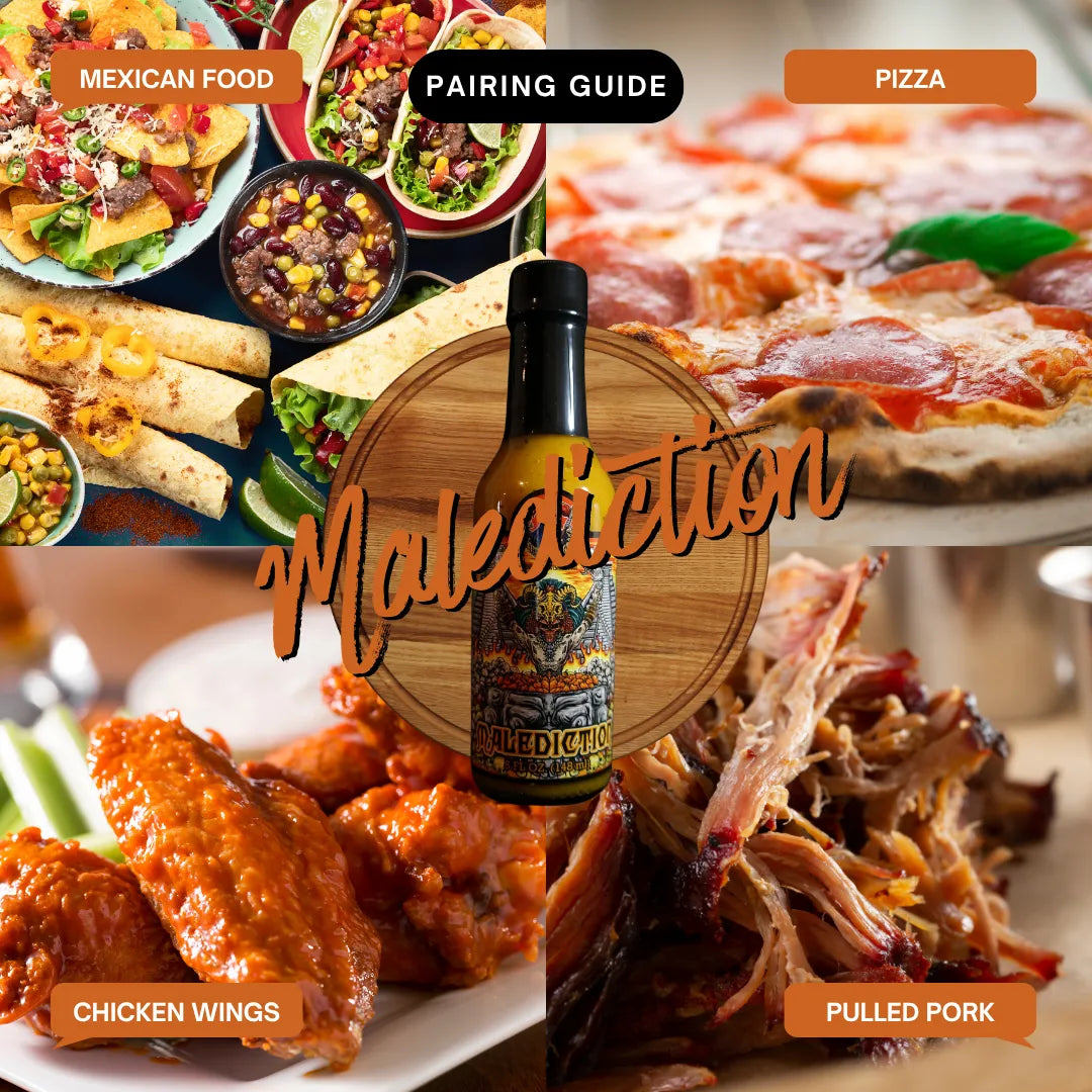 Collage of food items with a bottle labeled 'Malediction' and text indicating food pairings.
