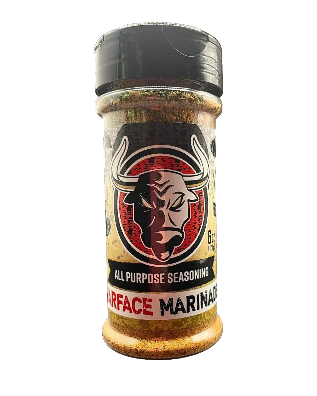 All-purpose seasoning jar with a bull logo on a white background