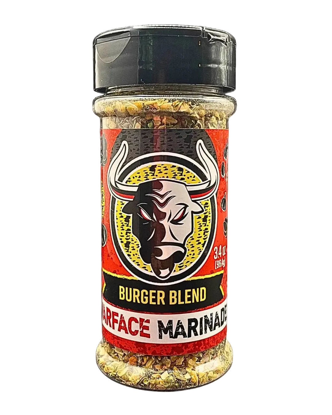 Bottle of Surface Marinade Burger Blend with a black lid on a white background