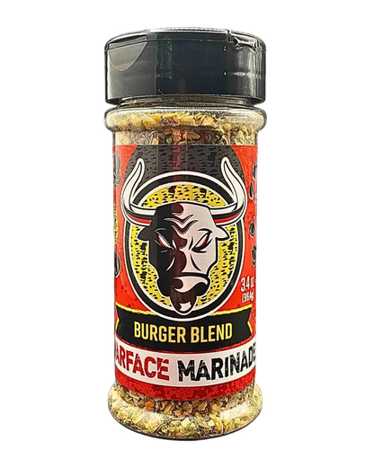 Bottle of Surface Marinade Burger Blend with a black lid on a white background
