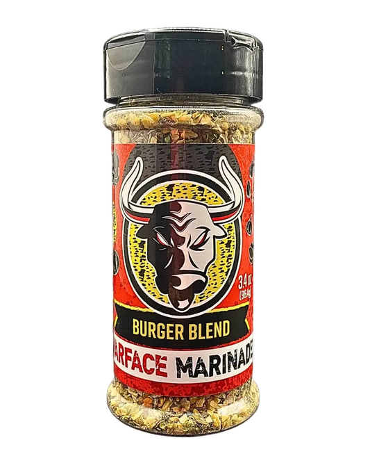 Bottle of Surface Marinade Burger Blend with a black lid on a white background