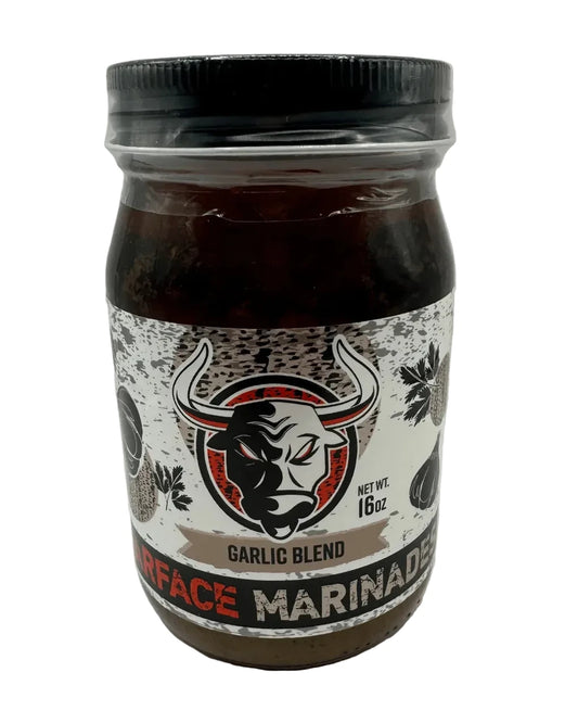 Jar of marinade with a label featuring a bull logo on a white background