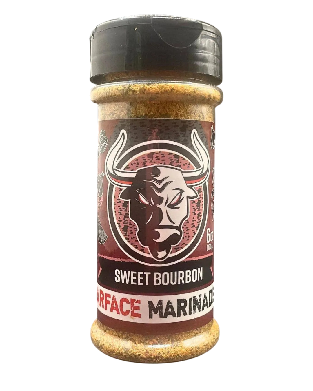 Bottle of Sweet Bourbon Surface Marinade with a bull logo on a white background