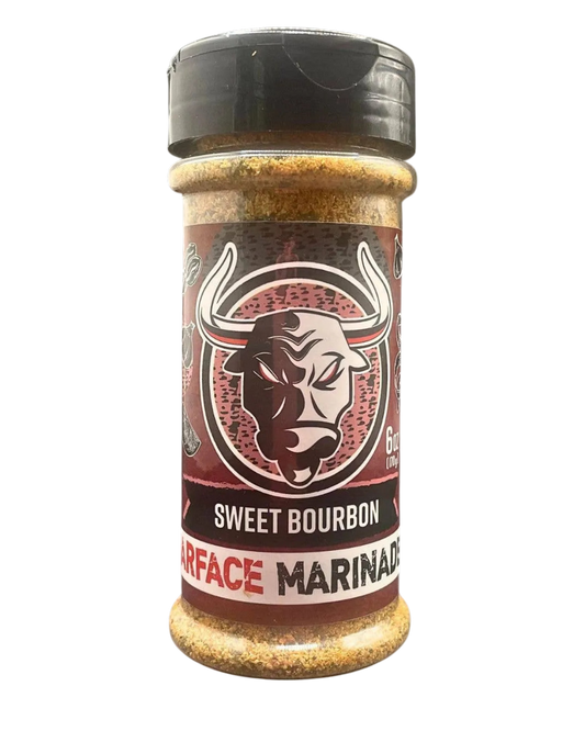 Bottle of Sweet Bourbon Surface Marinade with a bull logo on a white background