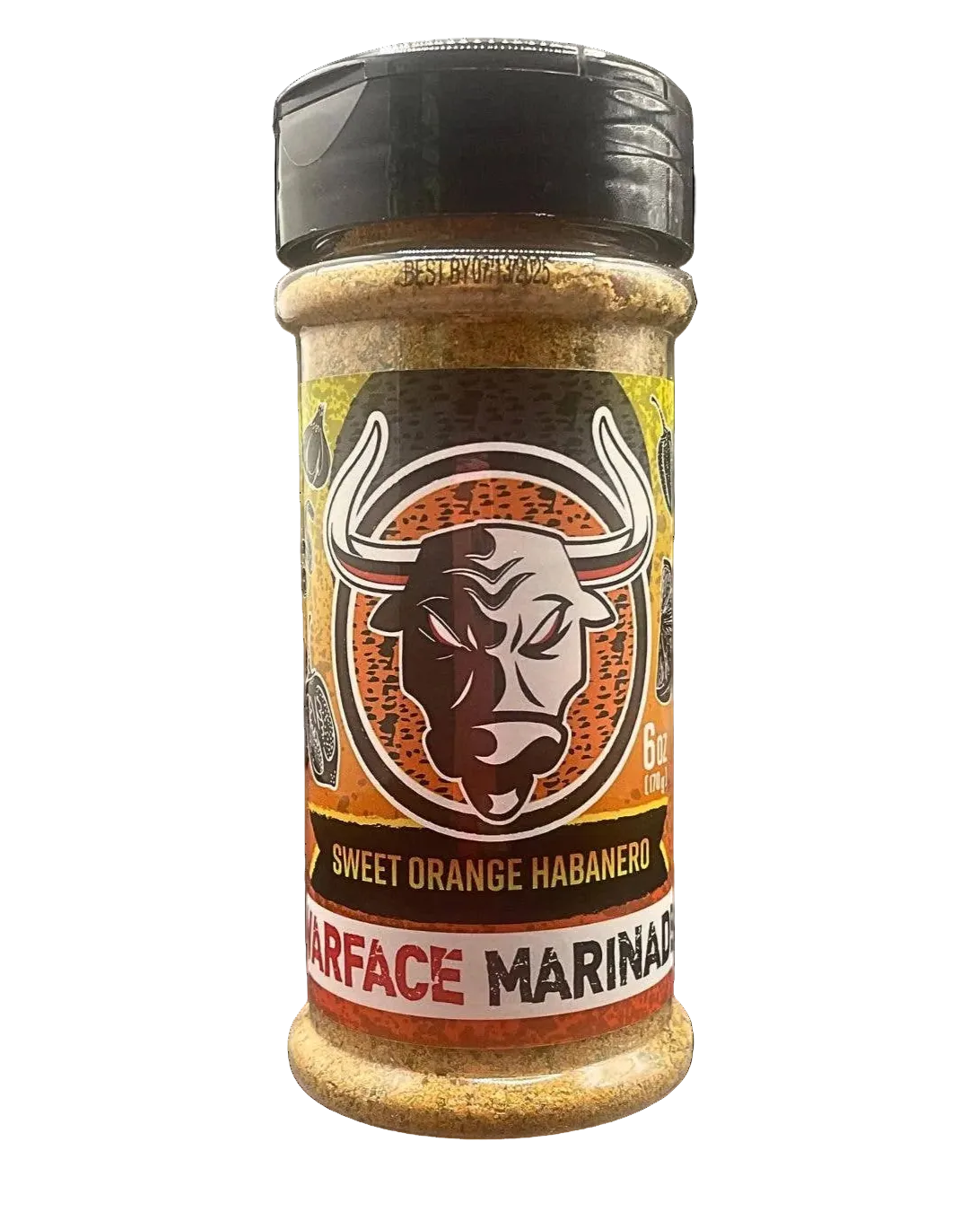 Bottle of Sweet Orange Habanero Surface Marinade with a bull logo on a white background